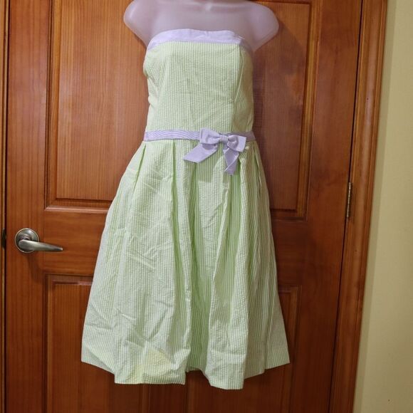 Talbots Vintage y2k Seersucker Green Striped Strapless Dress Pin Up 14 - Picture 2 of 15